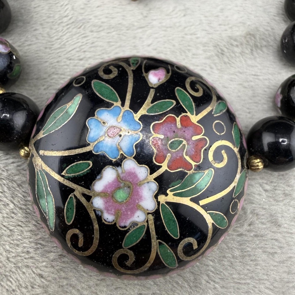 Vintage Estate Necklace Black Cloisonne Enamel Floral Bead 20in